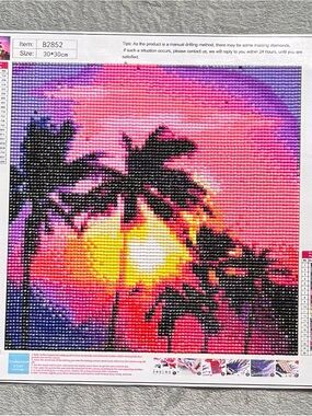 Finished Tropical Sunset Diamond Art Canvas - Vibrant Sunset Palm Silhouette